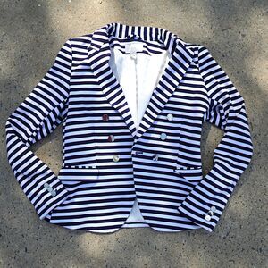 H&M Navy White Striped Blazer Gold Button Tailored Jacket Size 12 Preppy Work